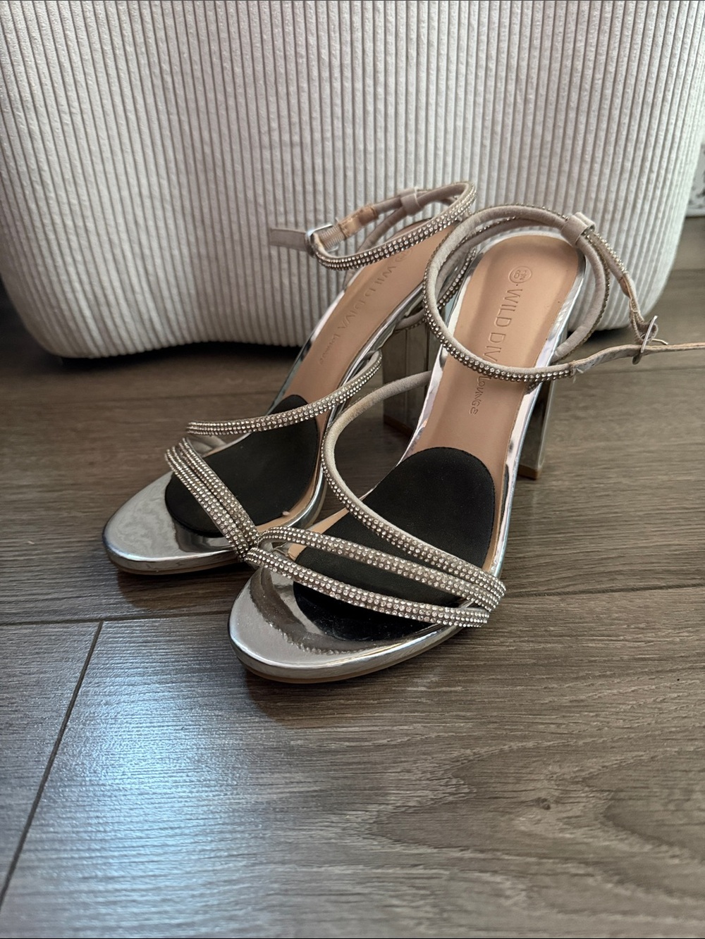 DIVA Lounge Rhinestone Silver Strappy Block Heels